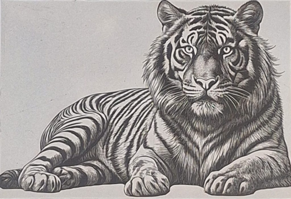 Gravure d'un tigre sur aluminium réalisé avec un laser fibre