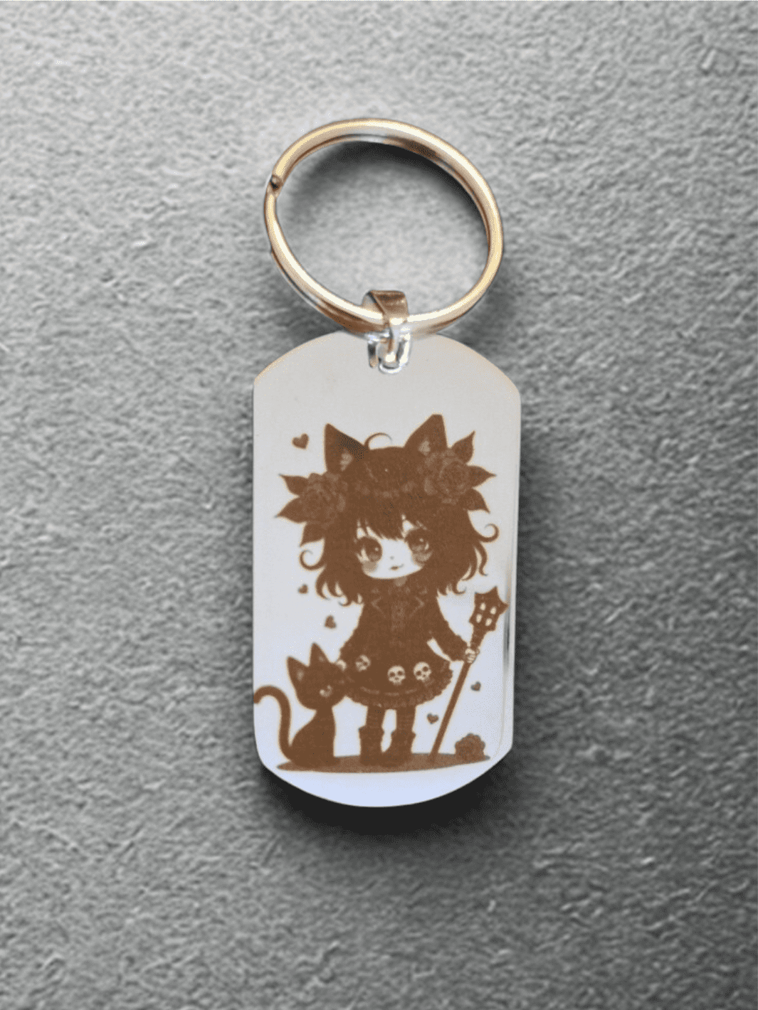 Porte-clés fille chat noir sorcière gravure laser acier inoxydable 316L, style gothique kawaii