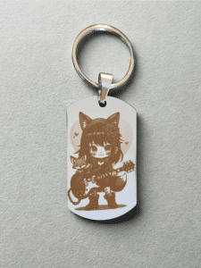 Porte-clés fille renard rock guitariste gravé au laser sur acier inoxydable 316L, style anime kawaii musical