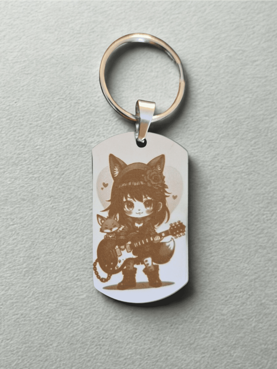 Porte-clés fille renard rock guitariste gravé au laser sur acier inoxydable 316L, style anime kawaii musical