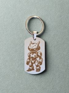 Porte-clés robot chibi mignon gravé au laser sur acier inoxydable 316L, style kawaii futuriste