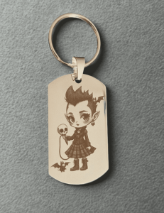 Porte-clés fille gothique vampire en acier inoxydable 316L, gravé au laser dans un style dark kawaii
